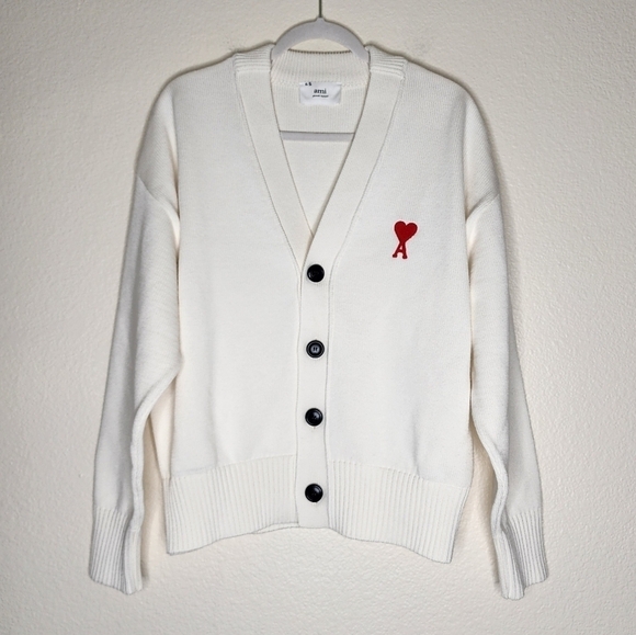 Ami Paris Ami De Coeur Intarsia-Logo Cardigan Sweater L - Picture 3 of 9